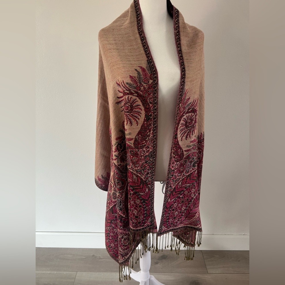 Pashmina 100% Pashmina Knit Reversible Pink Paisley Fringe Shawl
